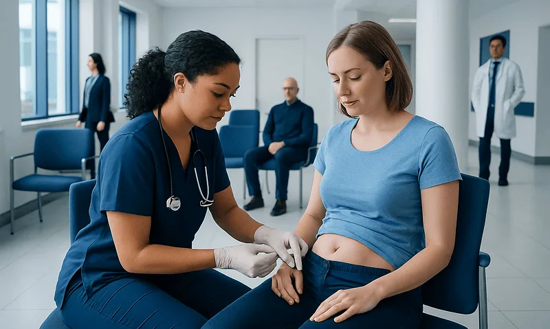 Nurse administering a subcutaneous injection to a patient in a hospital setting.