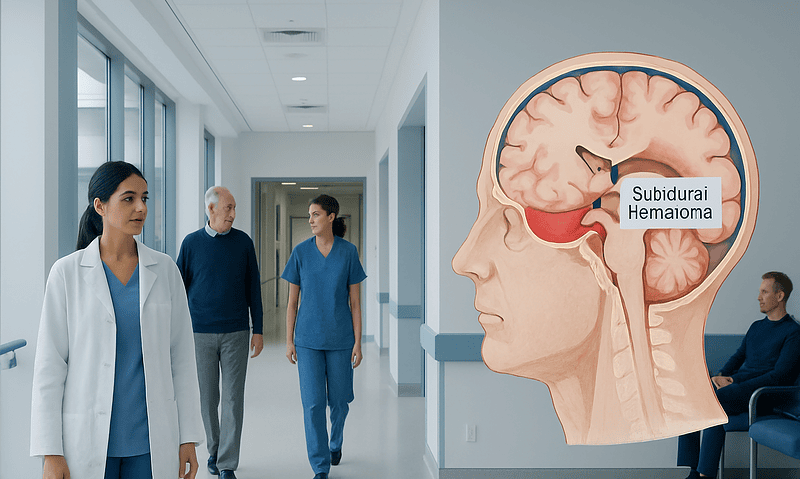 Medical staff and patient in hospital corridor with brain diagram showing subdural hematoma.