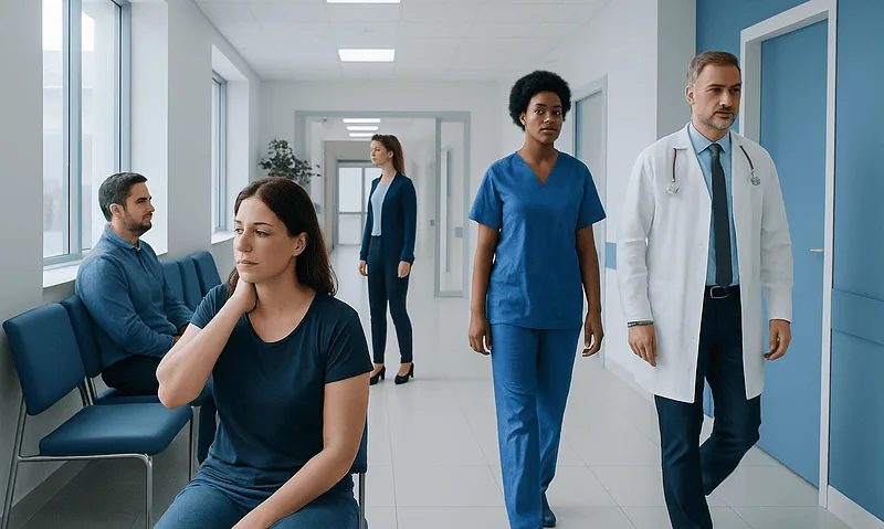 Patients waiting and medical staff in a hospital corridor.