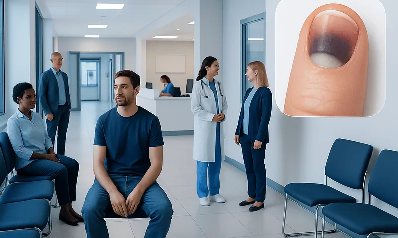 Understanding Subungual Hematoma: A Complete Patient Guide 5 Patient consultation in a hospital corridor with a close-up of a fingernail injury.