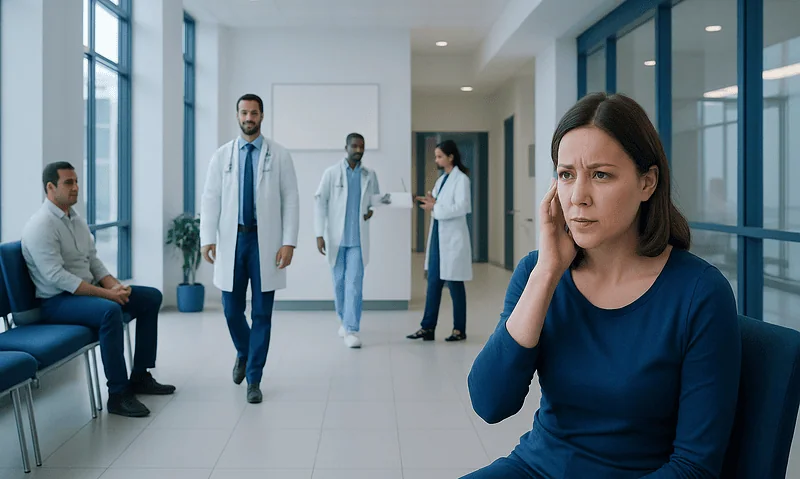 Woman experiencing ear pain in a hospital corridor with medical staff nearby.