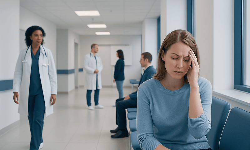 Patient experiencing headache in hospital corridor with medical staff nearby.
