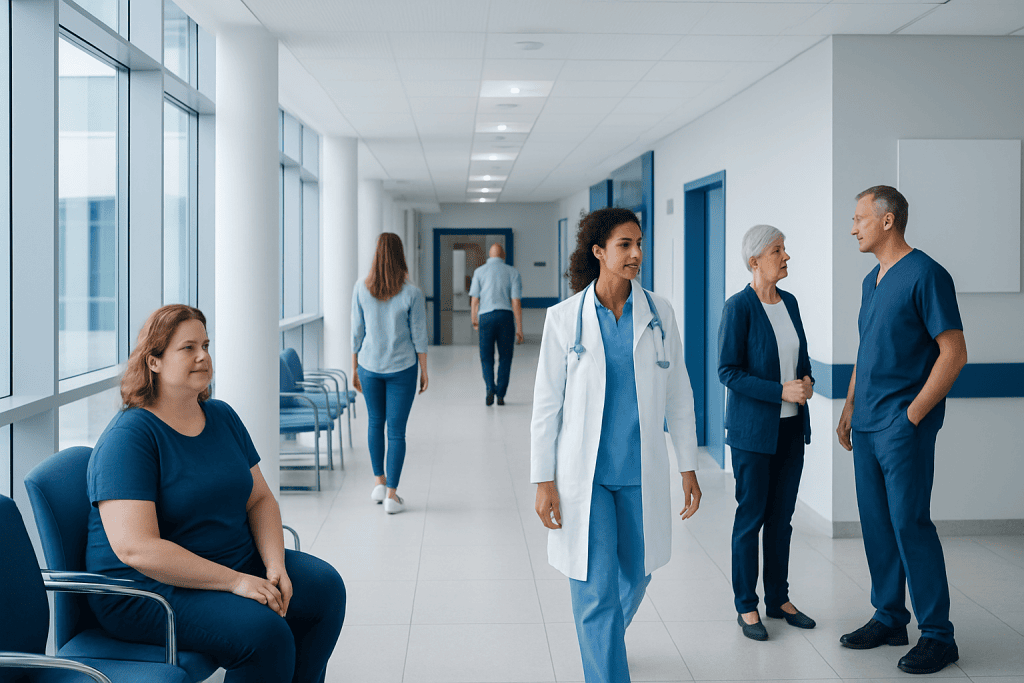 Sugar Detox: A Complete Medical Overview 1 Healthcare professionals and patients in a modern hospital corridor.