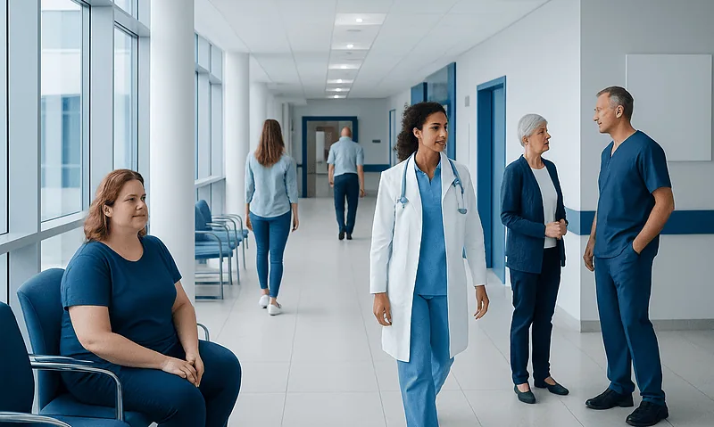 Sugar Detox: A Complete Medical Overview 6 Healthcare professionals and patients in a modern hospital corridor.