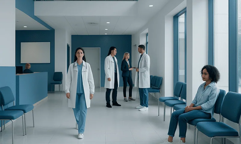 Medical professionals in a modern hospital corridor with patients and staff.