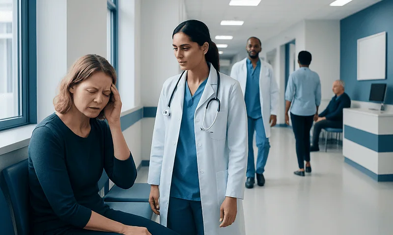Patient experiencing headache in hospital corridor with medical staff nearby.
