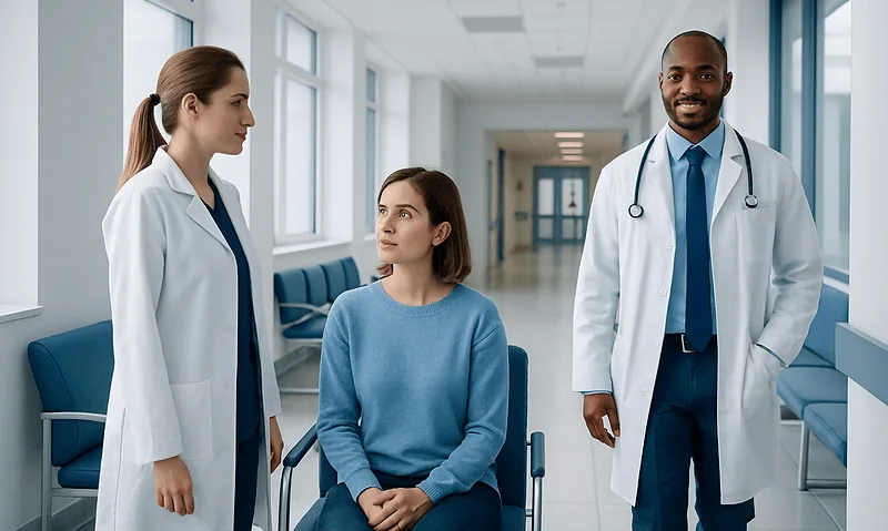 Medical consultation in hospital corridor with doctor and patient.