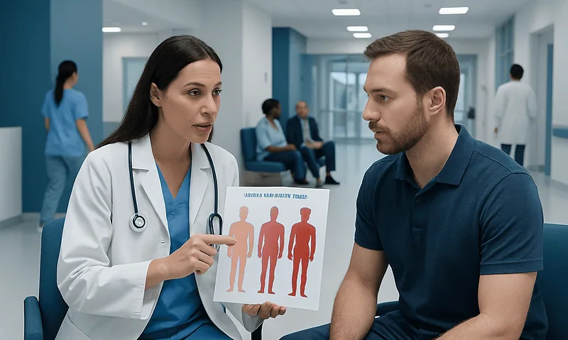 Doctor explaining sunburn severity chart to patient in hospital setting.