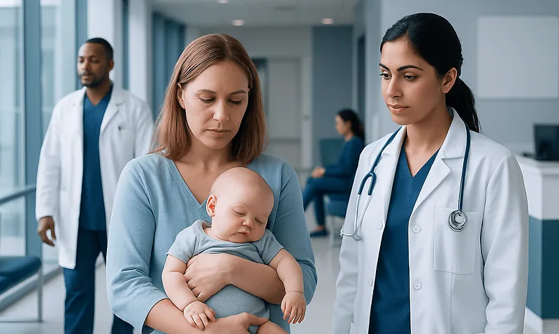 Pediatric consultation at Acibadem Hospital with mother and doctor.