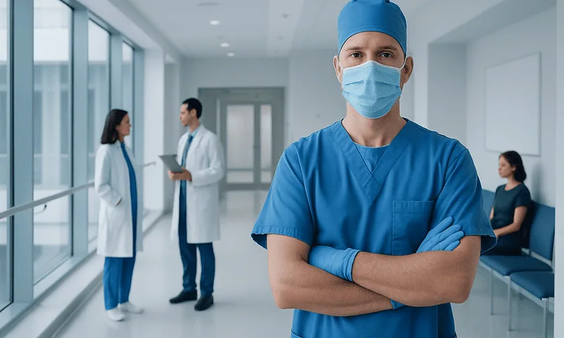 Surgeon in blue scrubs and mask in hospital corridor with medical staff in background.