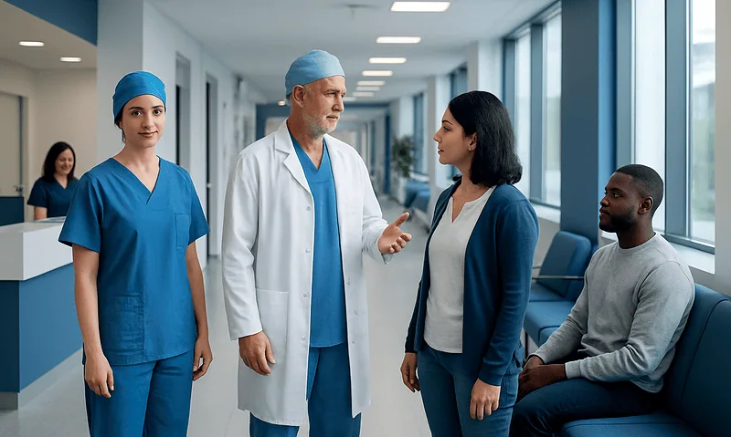 Medical team consulting with patient in hospital corridor.