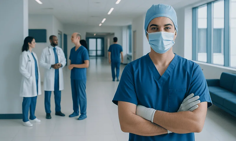 Healthcare professionals in a hospital corridor, including a nurse in the foreground.