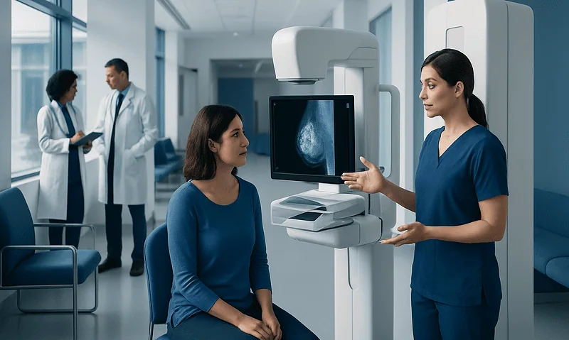 What Does Breast Cancer Look Like on a Mammogram? Causes, Explanations, and Next Steps 11 Medical professional explains mammogram results to patient in hospital.