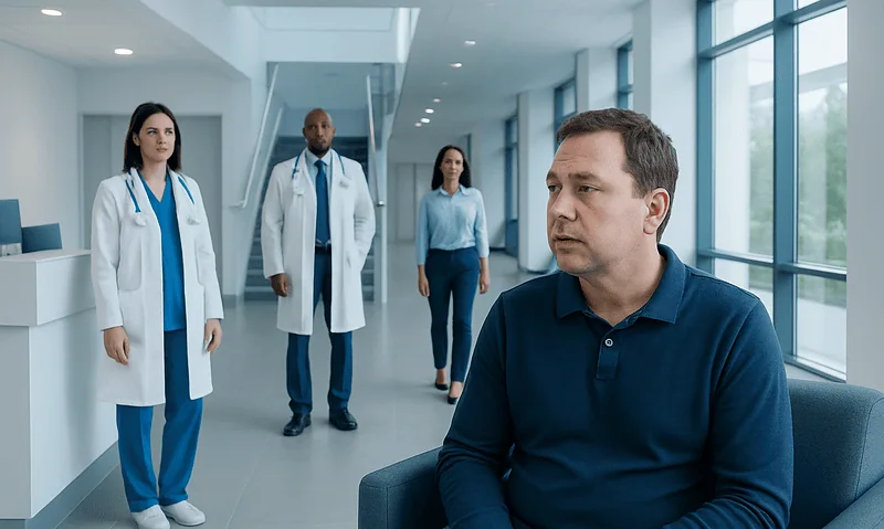 Patient with swollen cheek consulting doctors in hospital corridor.
