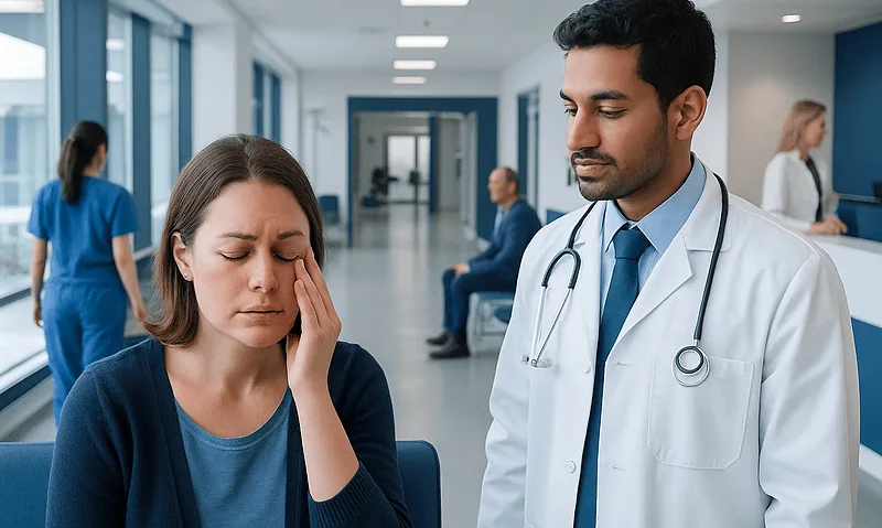 Patient experiencing eye pain in a hospital corridor with doctor nearby.