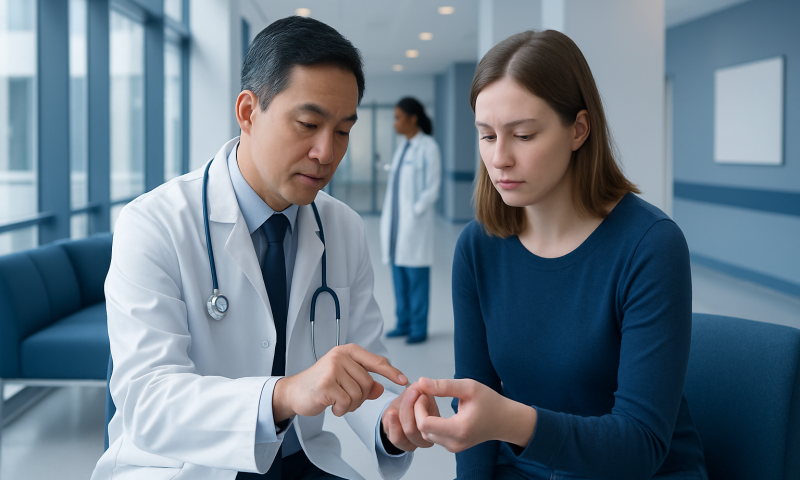 Doctor examining a patient's swollen finger in a hospital setting.
