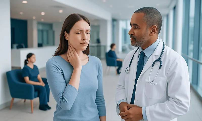 Doctor examining a woman with neck pain in a hospital setting.