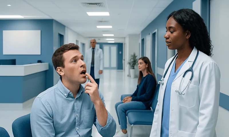 Patient consulting with doctor in hospital corridor.