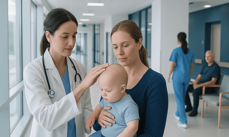 Doctor examining a child's swollen soft spot in hospital corridor.