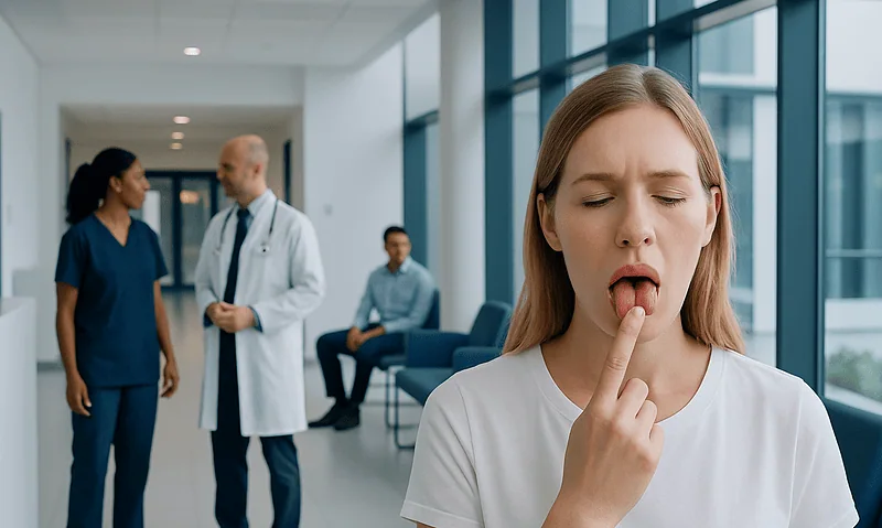 Young woman examining her swollen tongue in a hospital corridor.