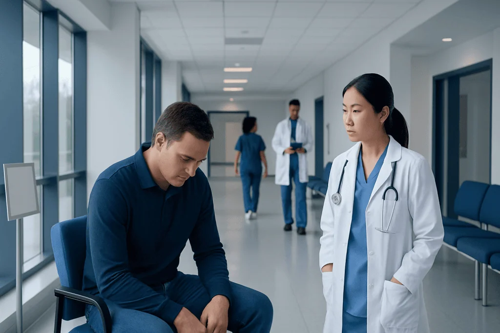 Swollen Testicle: Possible Causes and When to Seek Care 1 Patient consulting with doctor in hospital corridor.