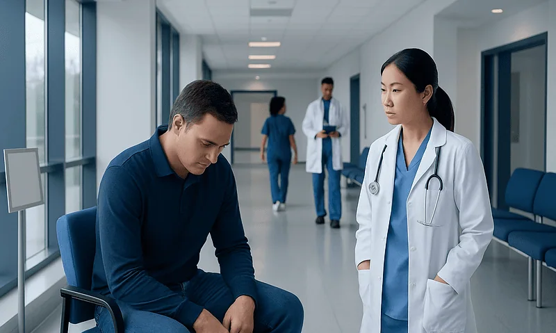 Patient consulting with doctor in hospital corridor.