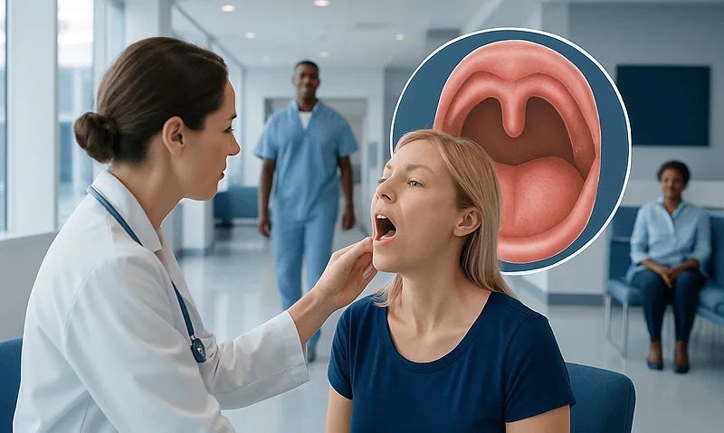 Doctor examining a patient's throat with a large uvula diagram in the background.