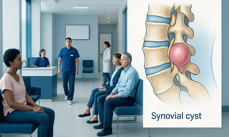 Medical consultation on synovial cyst with spinal diagram in hospital setting.