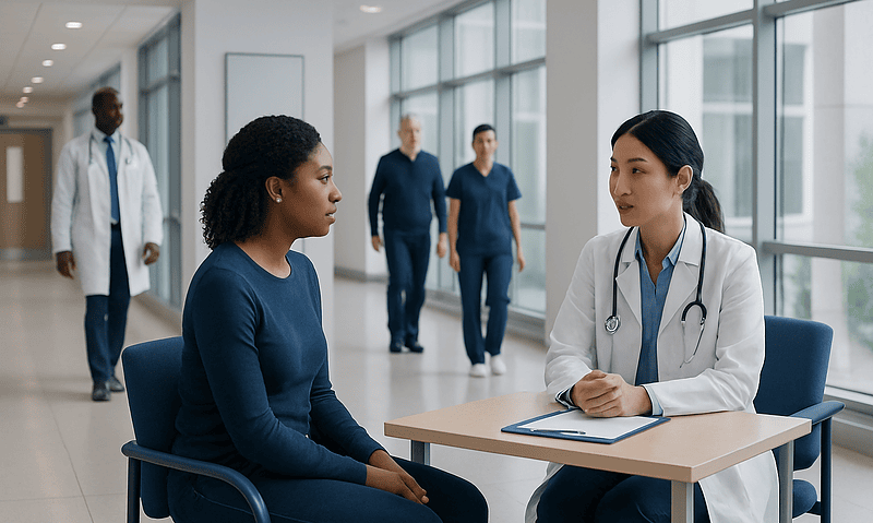 Doctor consulting a patient in a modern hospital corridor.