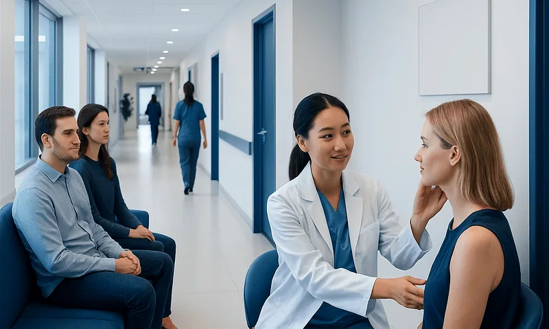 Medical consultation in a hospital corridor with healthcare professionals and patients.