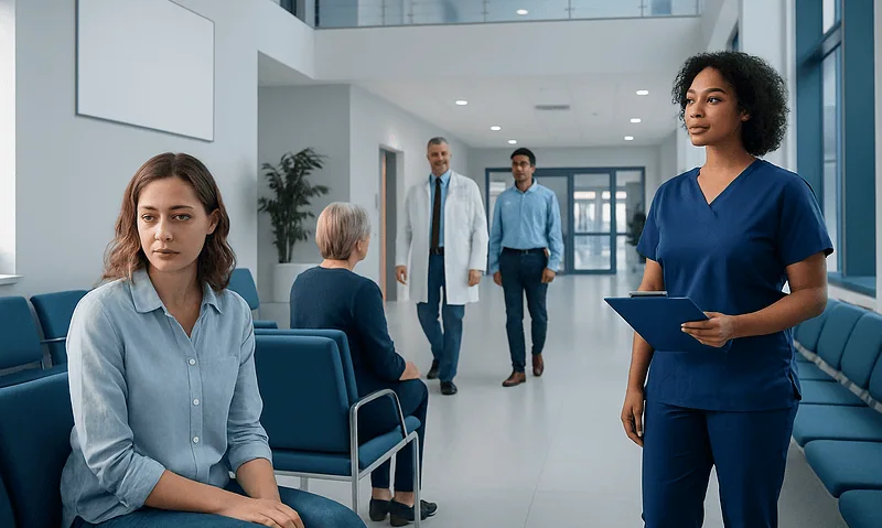 Patients waiting in a modern hospital corridor with medical staff nearby.