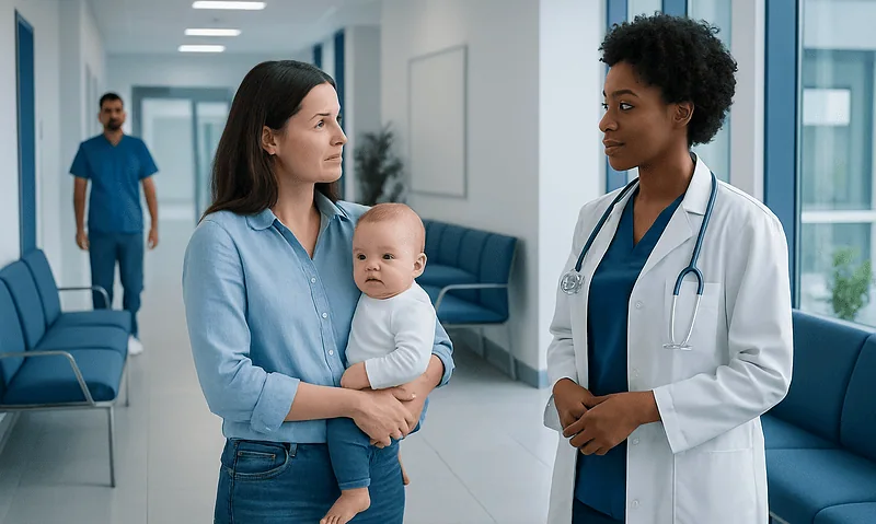 Mother with baby consulting a doctor in a hospital corridor.