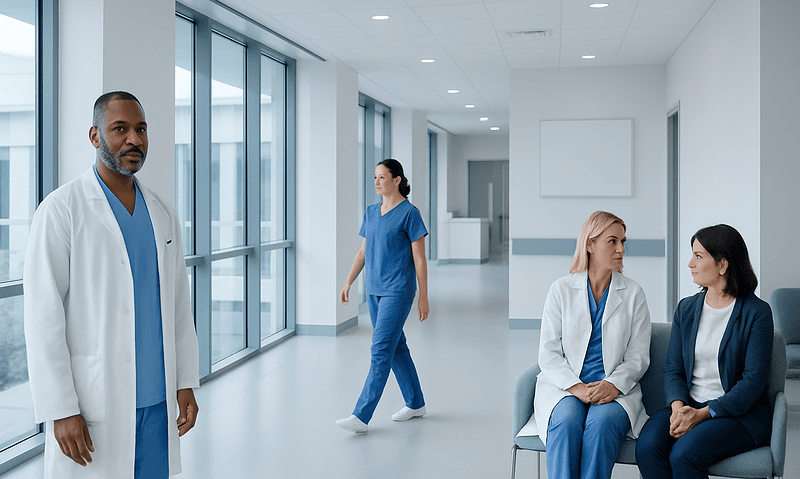 Medical professionals in a modern hospital corridor at Acibadem Hospitals Group.