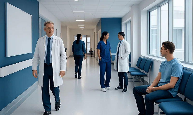 Medical professionals and patient in a hospital corridor at Acibadem Hospitals Group.