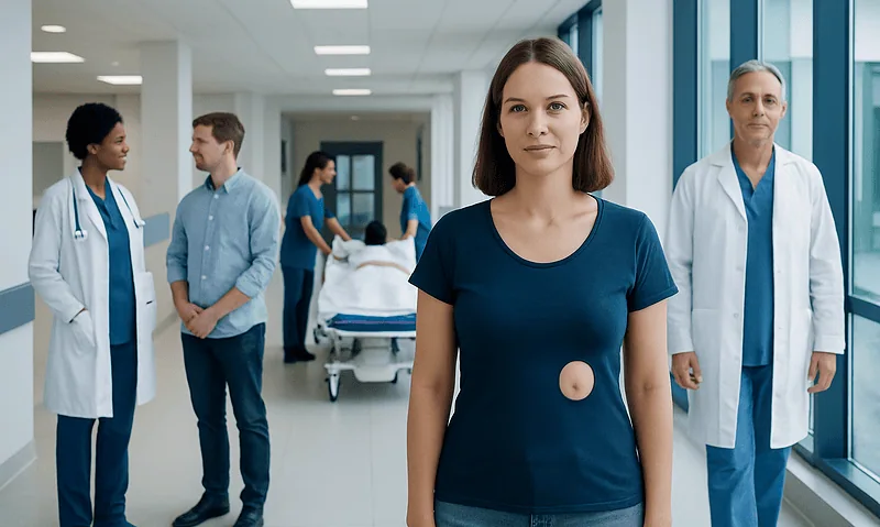 Woman with a visible abdominal hernia in a hospital corridor.