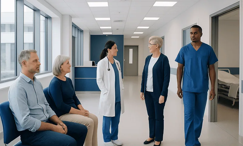 Medical team consulting in hospital corridor with patients and staff.