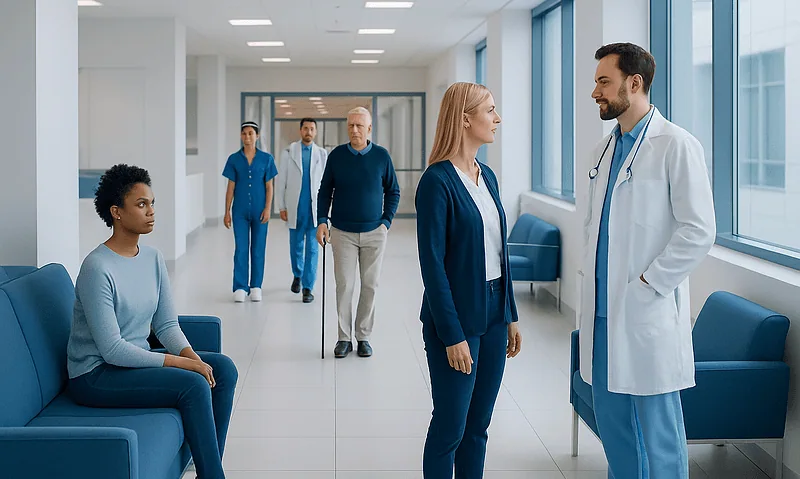 Medical consultation in a modern hospital corridor with healthcare professionals and patient.