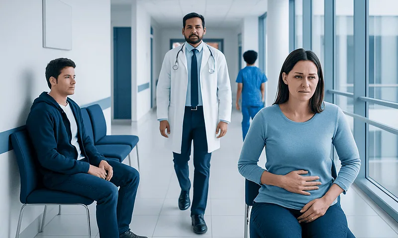 Woman with stomach pain in hospital corridor with doctor and patient.