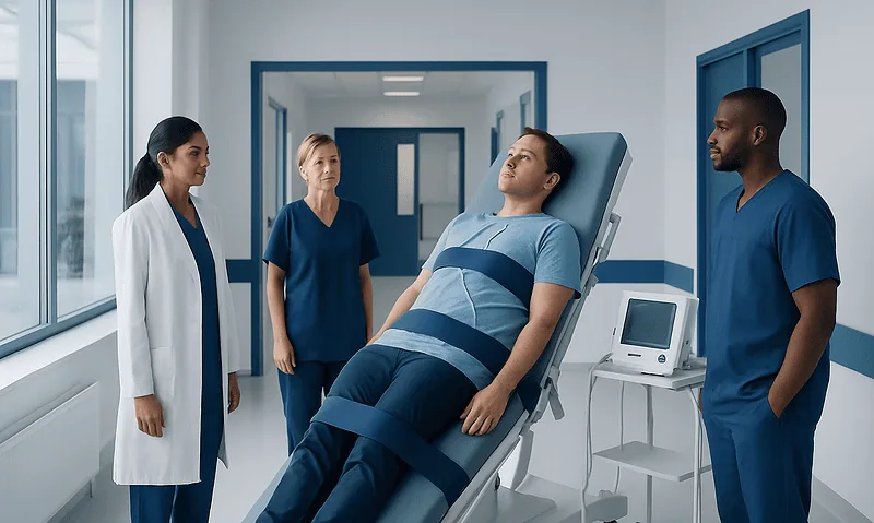 Patient undergoing tilt table test in a hospital setting with medical staff present.