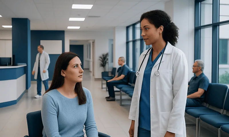 Tilted Uterus: A Complete Clinical Guide for Patients 3 Doctor consulting with patient in hospital waiting area.
