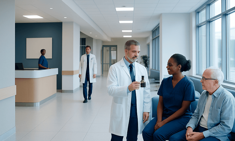 Medical professionals consulting with a patient in a modern hospital lobby.