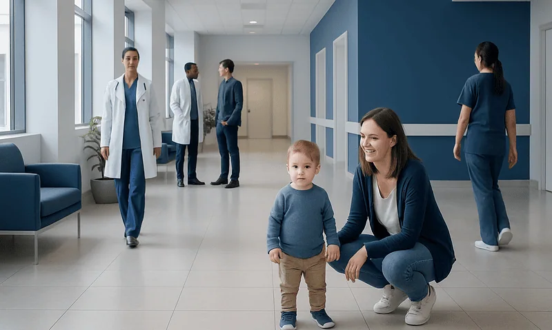 Child and mother in hospital corridor with medical staff in background.
