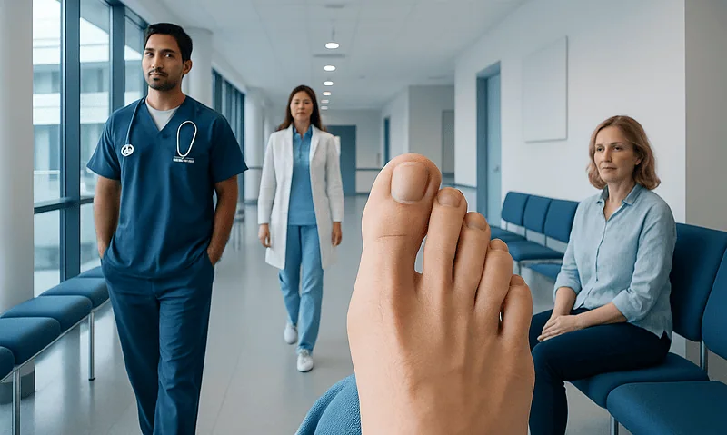 Patient with toenail issues in hospital corridor with medical staff nearby.