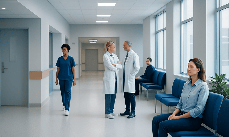 Medical professionals and patients in a hospital corridor at Acibadem Hospitals Group.