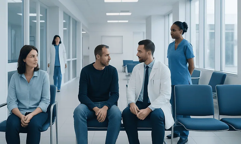 Medical consultation in a modern hospital waiting area with healthcare professionals and patients.