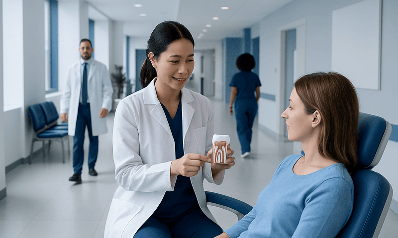 Dentist explaining dental health to patient in a hospital corridor.