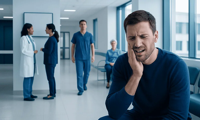 Man experiencing tooth pain in a hospital waiting area.