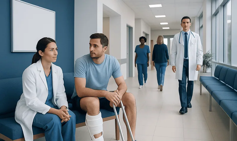 Patient with leg injury consulting with a doctor in hospital corridor.