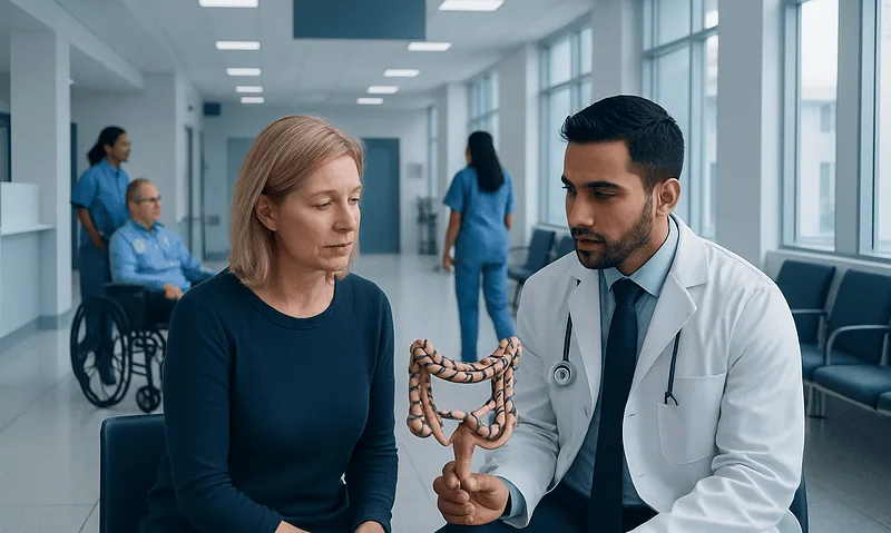 Doctor explains colon health to a patient in a hospital setting.