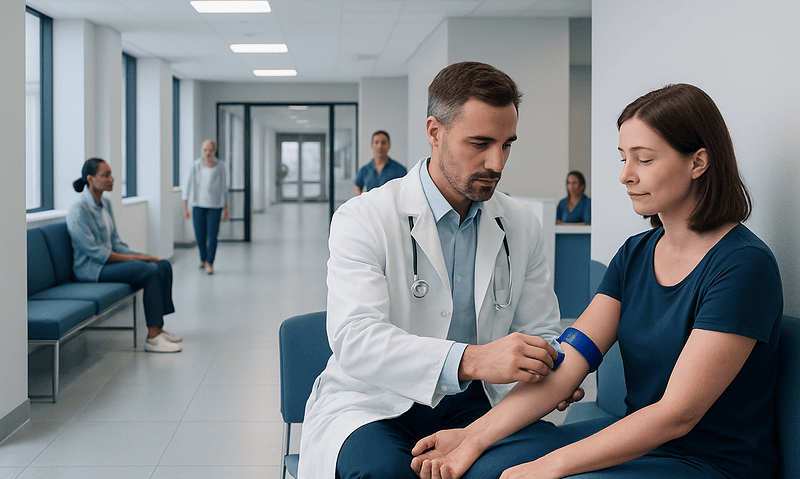 Doctor checking patient's blood pressure in hospital corridor.